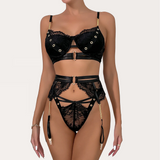 Sheer Lace Embroidered Lingerie Set with Metal Buckles