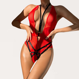 Mesh Cross Spliced Strap Color-Block Bodysuit Lingerie