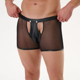 Low-Rise Hollow Patent Leather Mesh Boxer Briefs