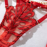 Flame - embroidered Lingerie Set with Metal Chain Accessories