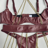 Chain - adorned breast - revealing strap patent leather erotic underwear