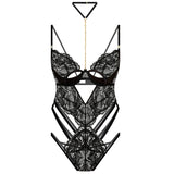 Seductive Black Lace Bodysuit with Gold Accents and Choker