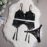 Sheer Lace Embroidered Lingerie Set with Metal Buckles