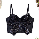 Black Sequin-Embellished Corset Top with Bow Detail