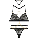 Black Lace Lingerie Set with Gold Chain Accents