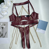 Chain - adorned breast - revealing strap patent leather erotic underwear