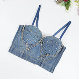 Diamond - studded chain denim bra