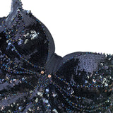 Black Sequin-Embellished Corset Top with Bow Detail