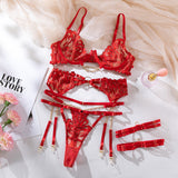 Flame - embroidered Lingerie Set with Metal Chain Accessories