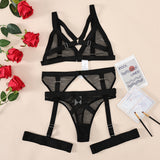 Lace Strappy Cross - Spliced Mesh - Holed Breathable Sexy Lingerie Set