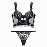 Black Lace and Mesh Bra and Panty Set with Floral Design