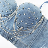 Diamond - studded chain denim bra