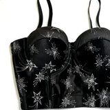 Black Satin Corset Top with Floral Embroidery