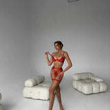 Flame - embroidered Lingerie Set with Metal Chain Accessories