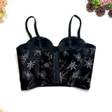 Black Satin Corset Top with Floral Embroidery