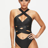 Black Crisscross Strap Cut-Out Bodysuit