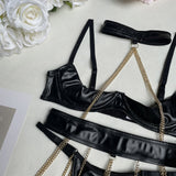 Chain - adorned breast - revealing strap patent leather erotic underwear