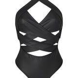 Black Crisscross Strap Cut-Out Bodysuit