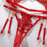 Flame - embroidered Lingerie Set with Metal Chain Accessories