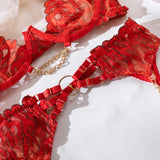 Flame - embroidered Lingerie Set with Metal Chain Accessories