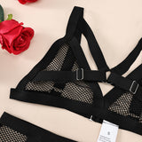 Lace Strappy Cross - Spliced Mesh - Holed Breathable Sexy Lingerie Set