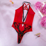 Mesh Cross Spliced Strap Color-Block Bodysuit Lingerie