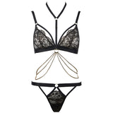 Ultra-Thin Gold Silk Eyelash Lace Halter Chain Lingerie Set