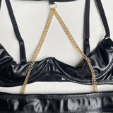 Chain - adorned breast - revealing strap patent leather erotic underwear