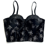 Black Satin Corset Top with Floral Embroidery