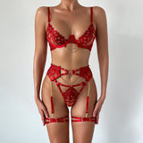 Flame - embroidered Lingerie Set with Metal Chain Accessories