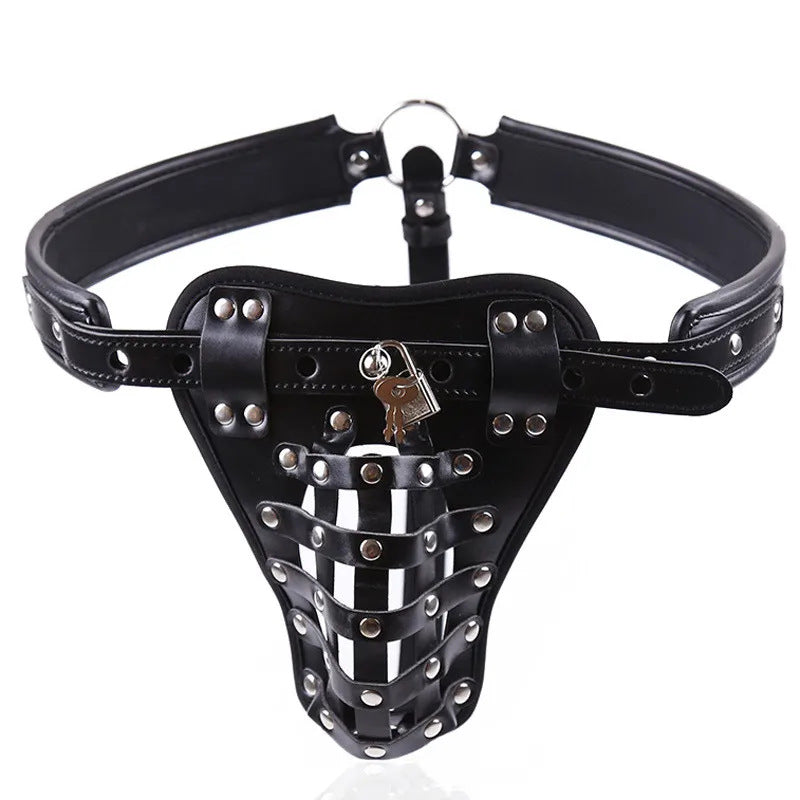 Chastity lock cage leather hollow-out panties